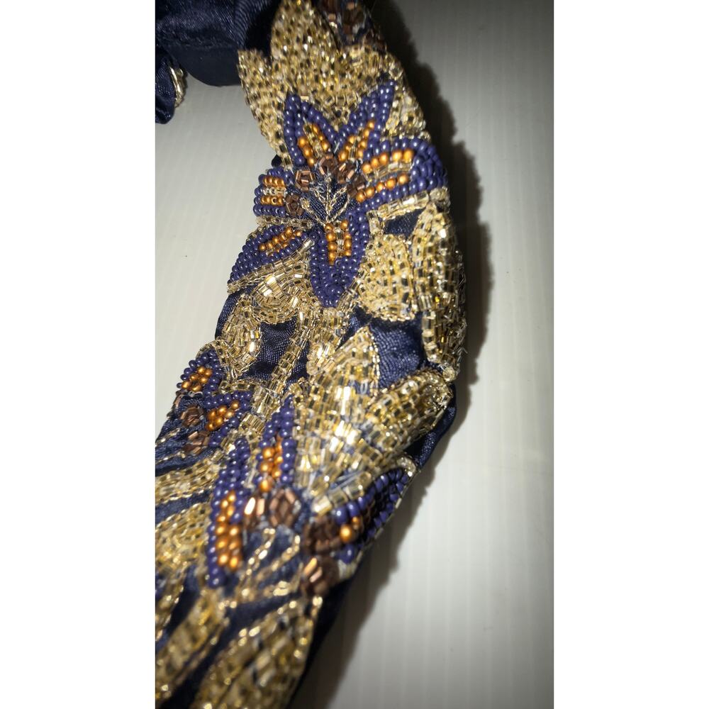 Elegant Navy Beaded Headband with Gold & Bronze Floral Embroidery - Picture 6 of 10